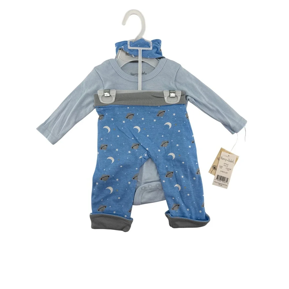 Harry & Violet Baby Boy 3PC Space Rocket Bodysuit Pants Bib Set Blue 3-6M